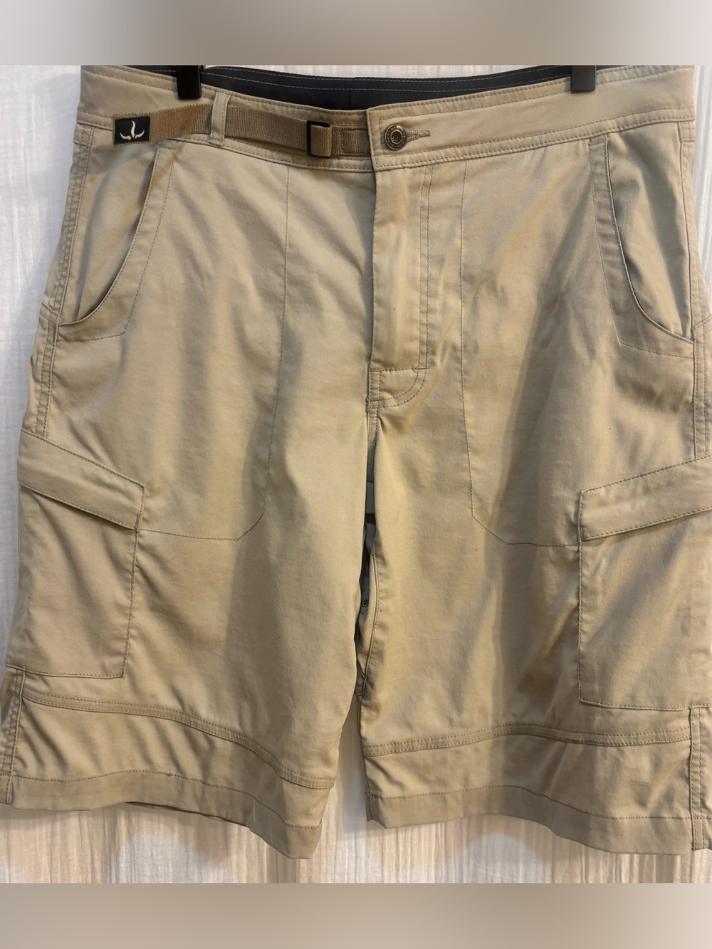 Prana Zion Cargo Shorts Stretch Nylon Belted Khaki Mens Size Medium Hiking Trail